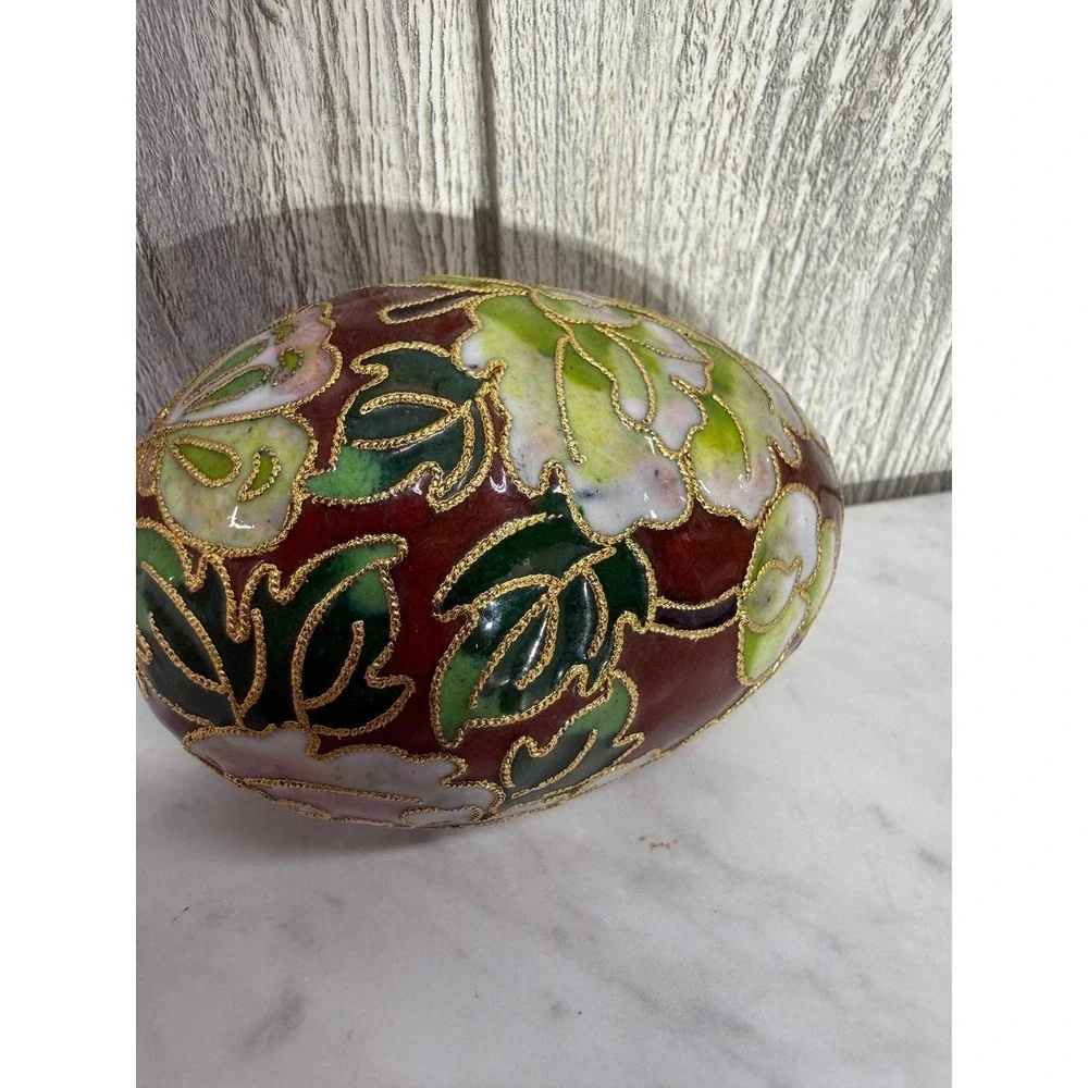 Vintage Cloisonne Enamel Floral Egg Burgundy Pink Green Gold Tone 3.5 Inch